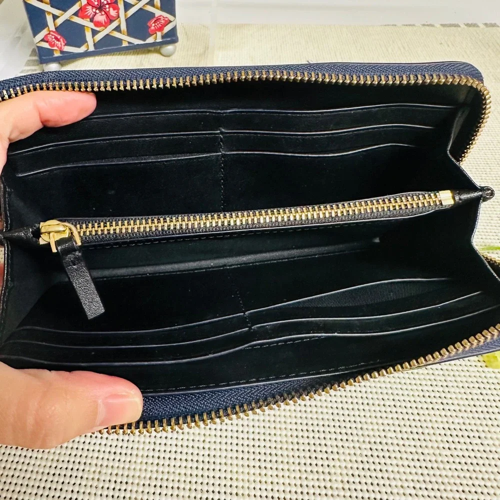 Tory Burch Robinson Saffiano Leather Zip Around Wallet in Blue Multipockets